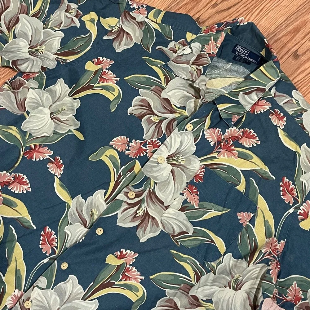 Polo Ralph Lauren Shirt Mens X Large Blue Floral Hawaiian Camp Shirt Linen